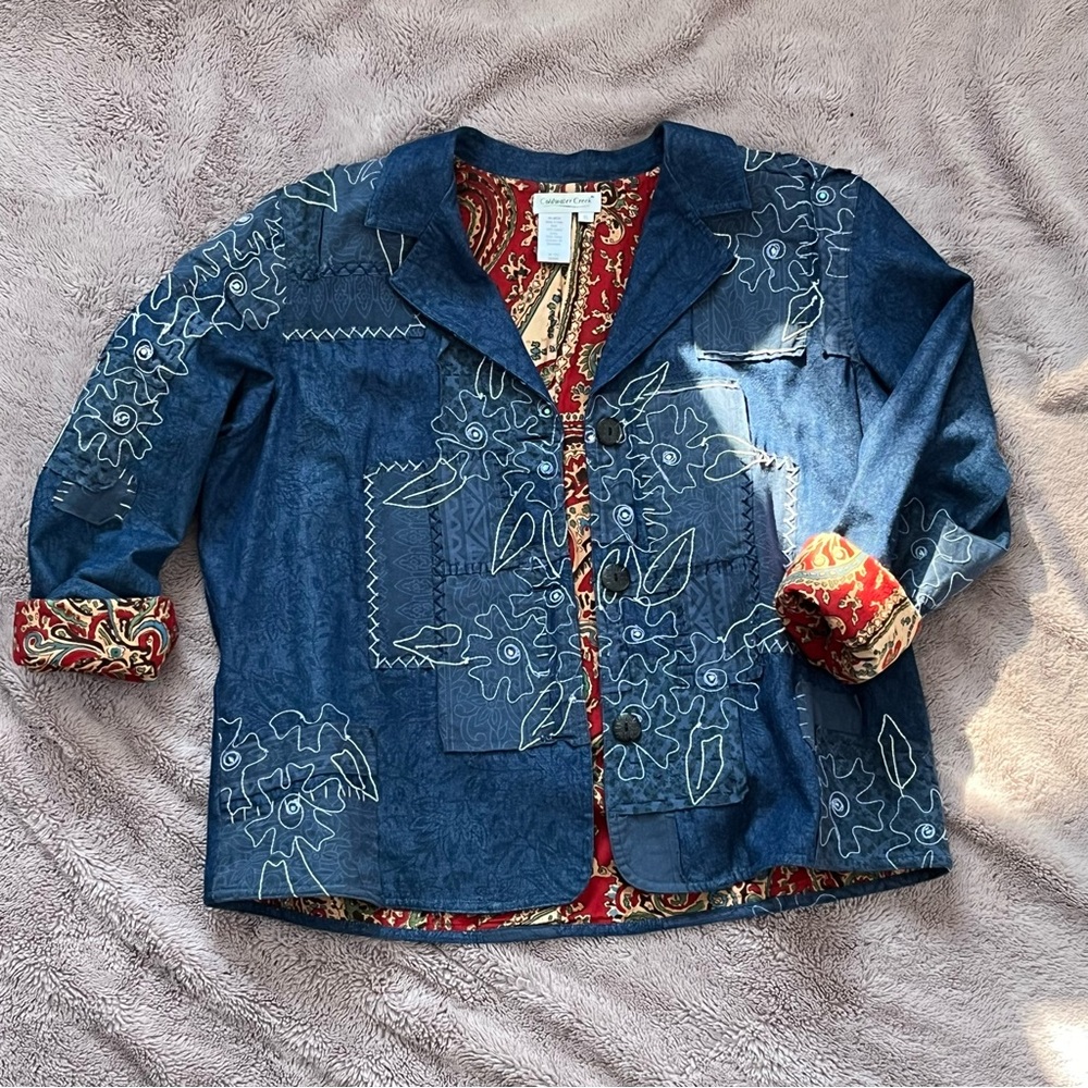 XL 100% COTTON Embroidered Patchwork Denim Jacket - Coldwater Creek